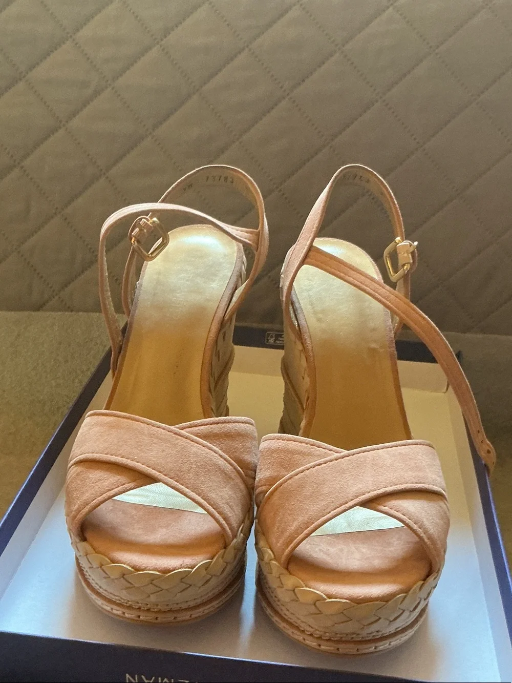New In Box! Stuart Weitzman Peach Suede Platform Wedge Sandals